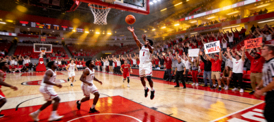 篮球比赛现场观众欢呼与球员投篮的瞬间