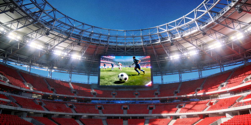 现代体育场内部宏伟设施与巨型屏幕正在播放足球比赛