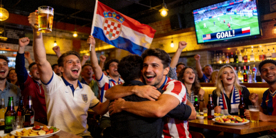 众多球迷在体育酒吧内欢呼庆祝的热闹场面